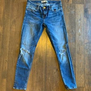 Zara Medium Wash Low Rise Distressed Skinny Jeans